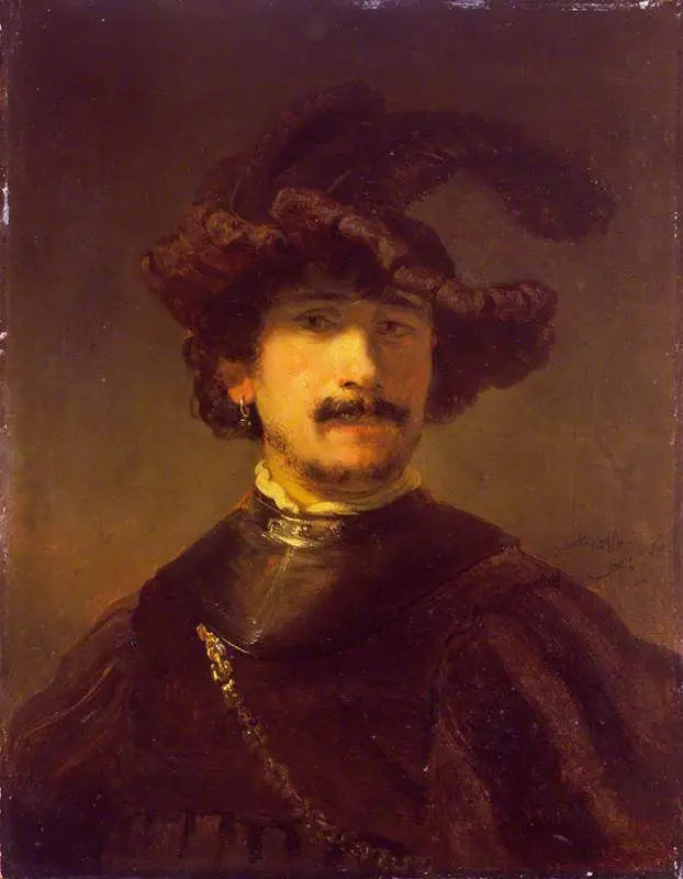 Busto de homem com gorgerin e chapéu de penas - Rembrandt