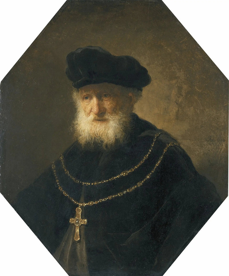 Busto de homem usando uma corrente de ouro com uma cruz - Rembrandt