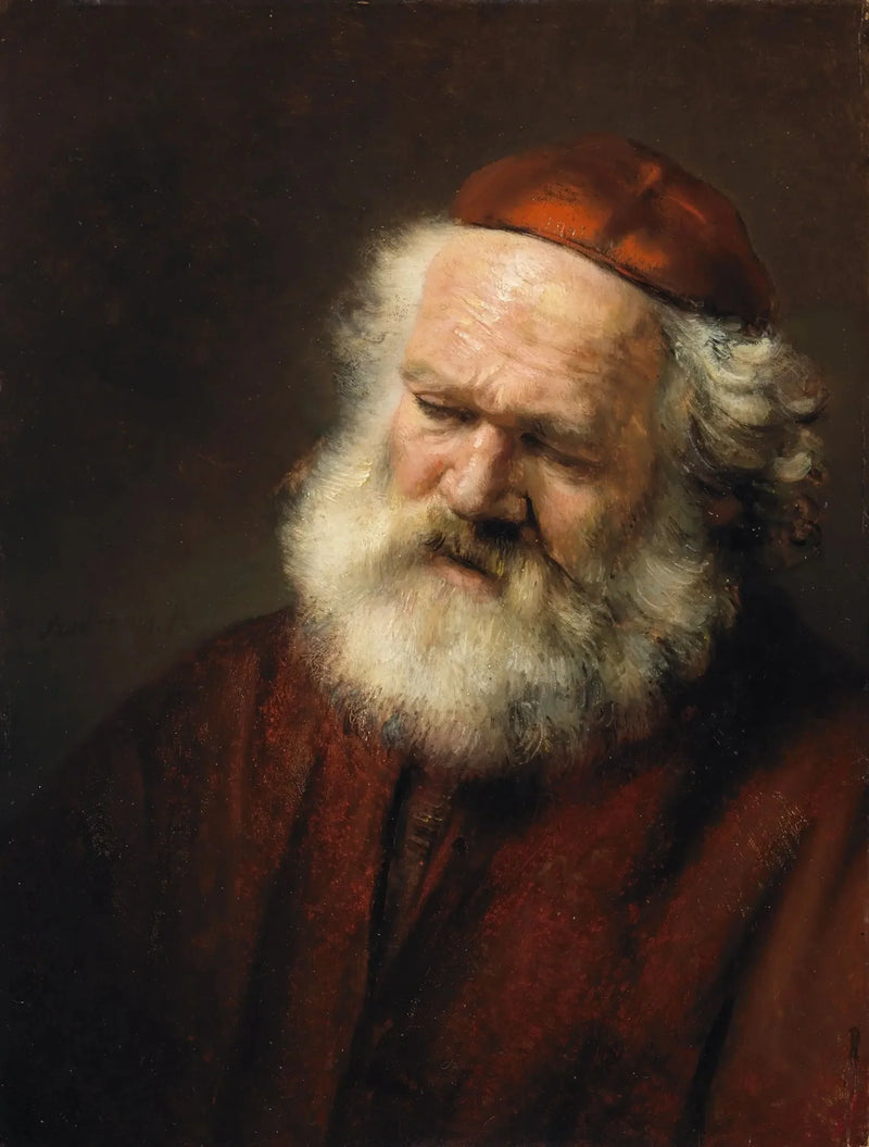 Busto de um velho homem barbudo com gorro vermelho - Rembrandt