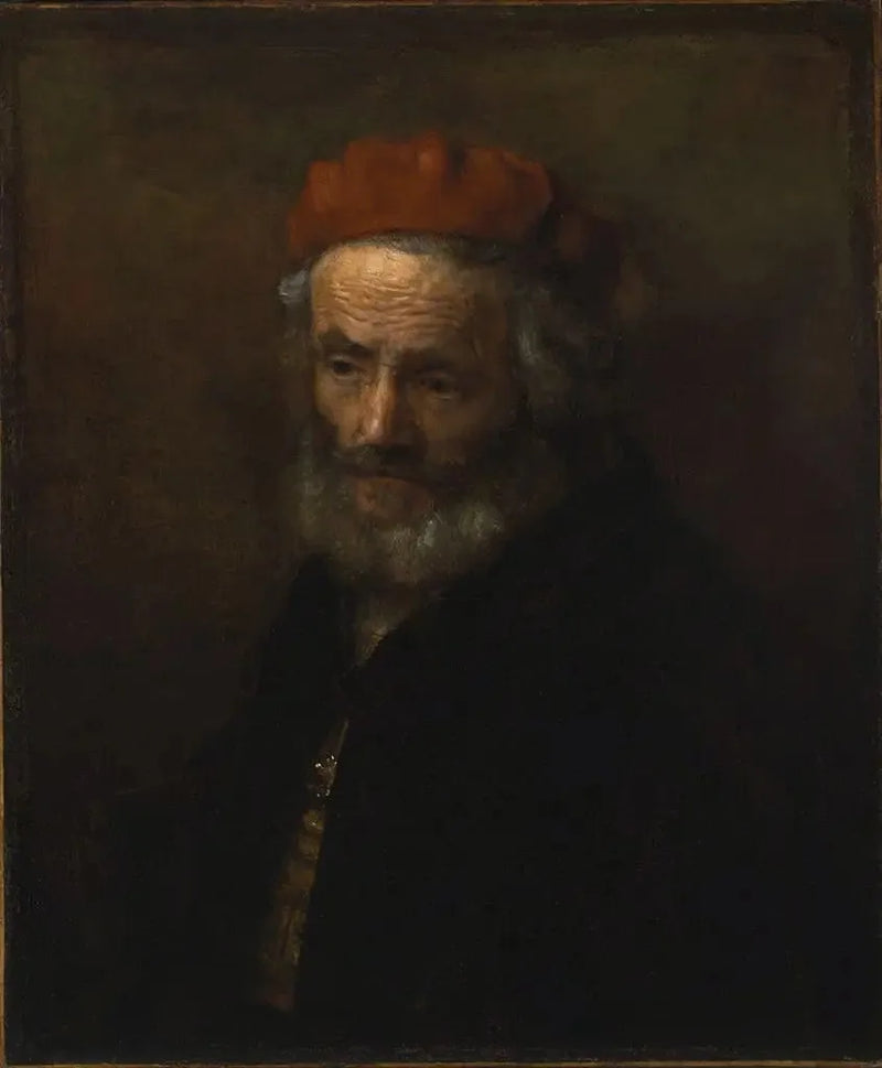 Busto de um velho usando um chapéu vermelho - Rembrandt