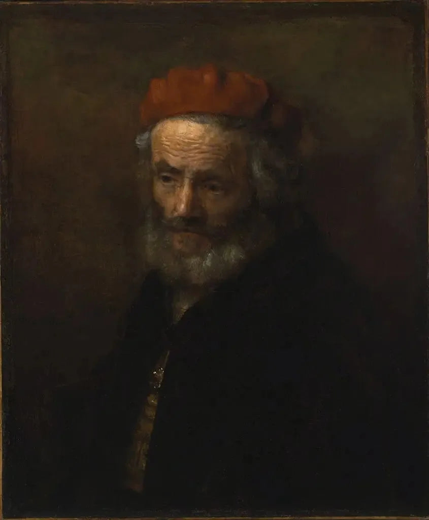 Busto de um velho usando um chapéu vermelho - Rembrandt