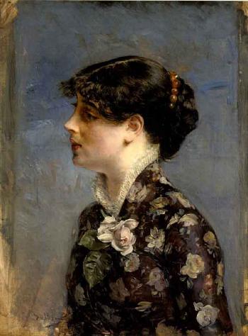 Busto de uma jovem morena de perfil, à esquerda, de blusa floral - Giovanni Boldini