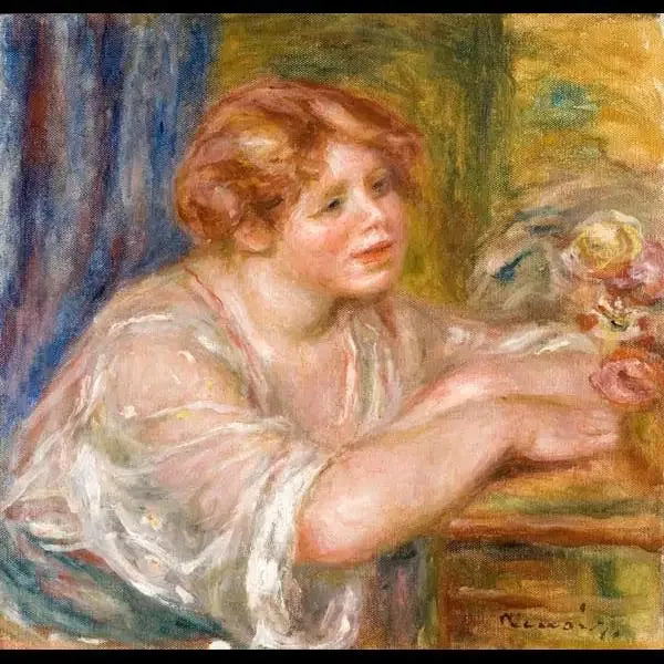 Busto de jovem garota olhando flores - Pierre-Auguste Renoir