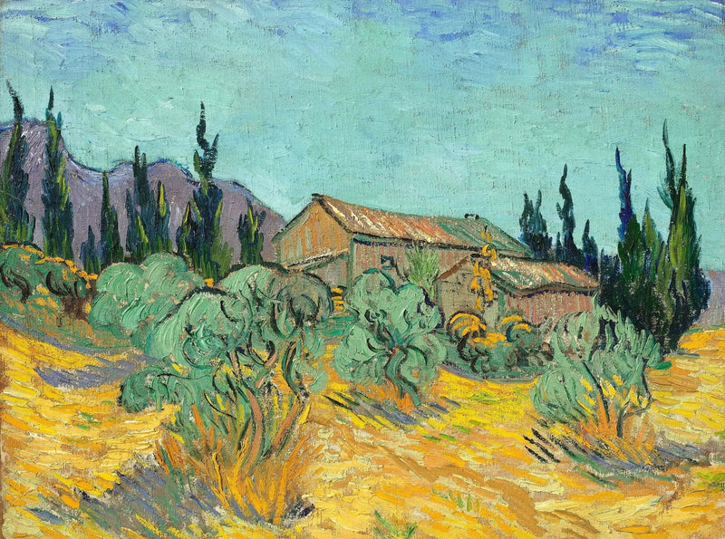 Cabana de madeira entre oliveiras e ciprestes - Vincent van Gogh