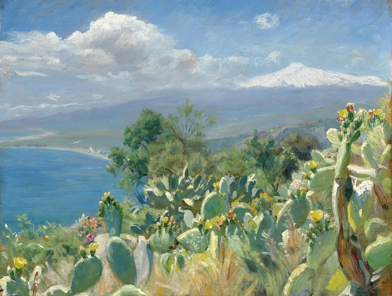 Cactos florescentes perto de Taormina. Ao fundo, o Etna coberto de neve. - Peder Severin Krøyer
