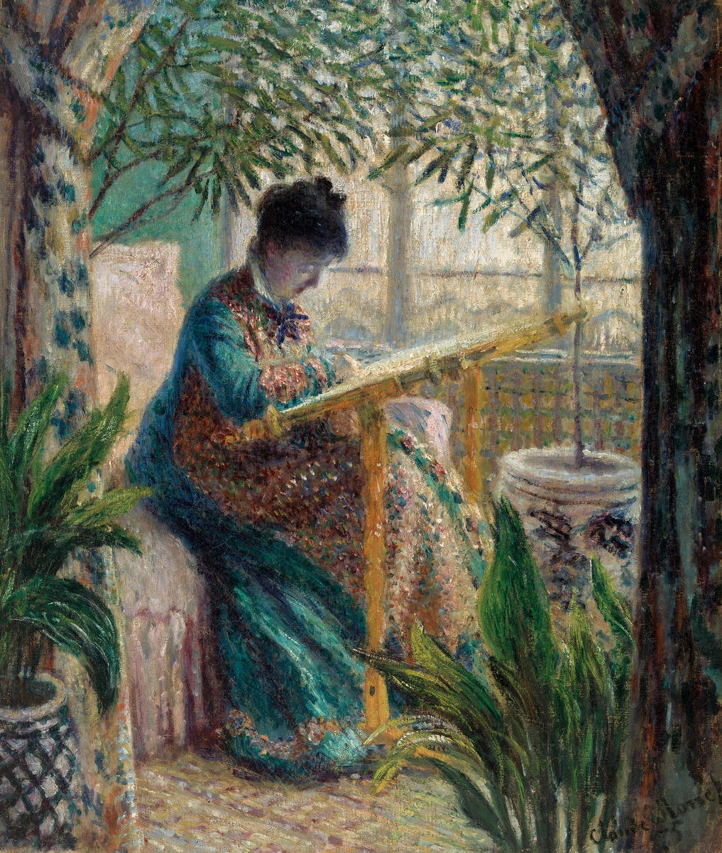 Madame Monet brodant, Camille au métier W366 par Claude Monet, 1875, Barnes Foundation