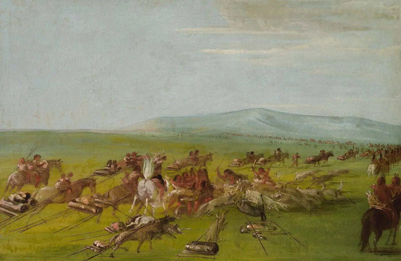 Acampamento Comanche em movimento, luta de cães na estrada - George Catlin