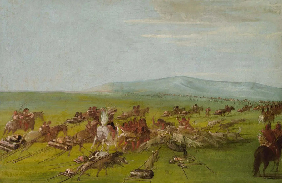 Acampamento Comanche em movimento, luta de cães na estrada - George Catlin