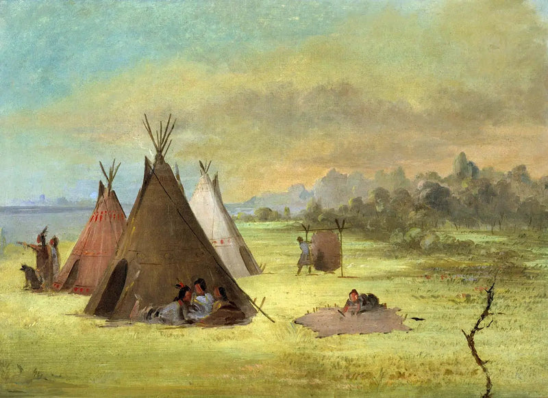 Acampamento indígena, Comanche (ou Kiowa) preparando peles, Rio Vermelho - George Catlin