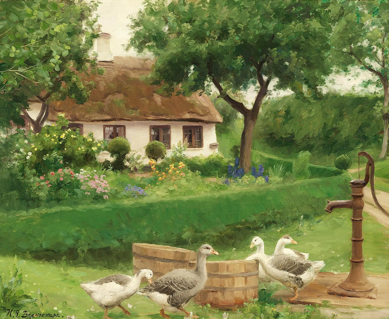 Patos com uma bomba de água atrás de uma fazenda com telhado de palha. - H. A. Brendekilde