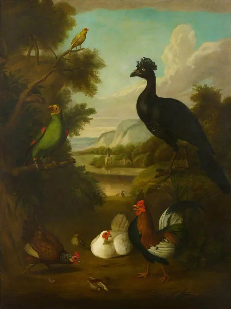 Canário, papagaio verde e outros pássaros em uma paisagem - Tobias Stranover