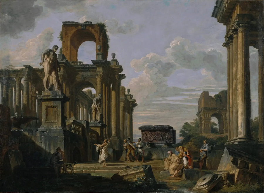 Capricho arquitetônico do Fórum Romano com filósofos e soldados entre ruínas antigas, incluindo o Arco de Janus Quadrifrons, o sarcófago de Santa Constanza, o Hércules Farnese e o Cincinnatus - Giovanni Paolo Panini