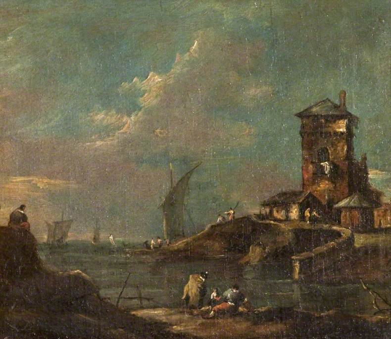 Capriccio com torre rústica, casas e barcos - Francesco Guardi
