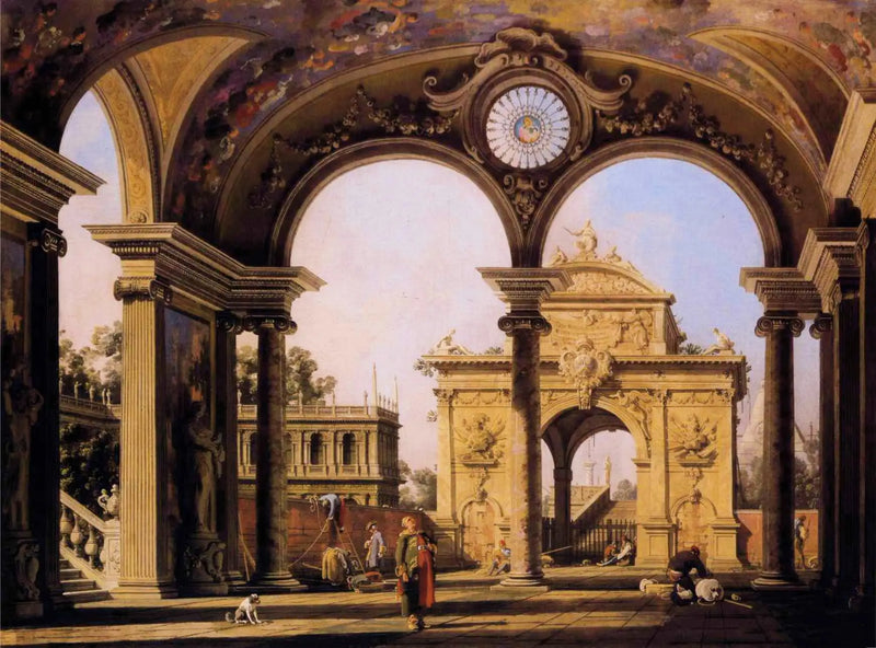 Capricho com um arco do triunfo renascentista visto do pórtico de um palácio - Canaletto