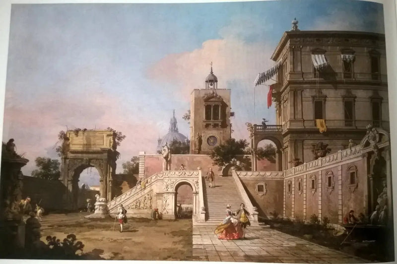 Capricho de um palácio renascentista com uma escadaria monumental, uma torre do relógio e o arco de Tito ao fundo - Canaletto