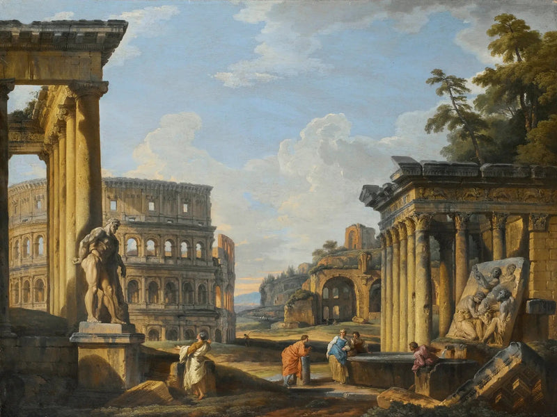 Capricho de ruínas clássicas com o templo de Antonino e Faustina, o Coliseu, a basílica de Maxêncio - Giovanni Paolo Panini