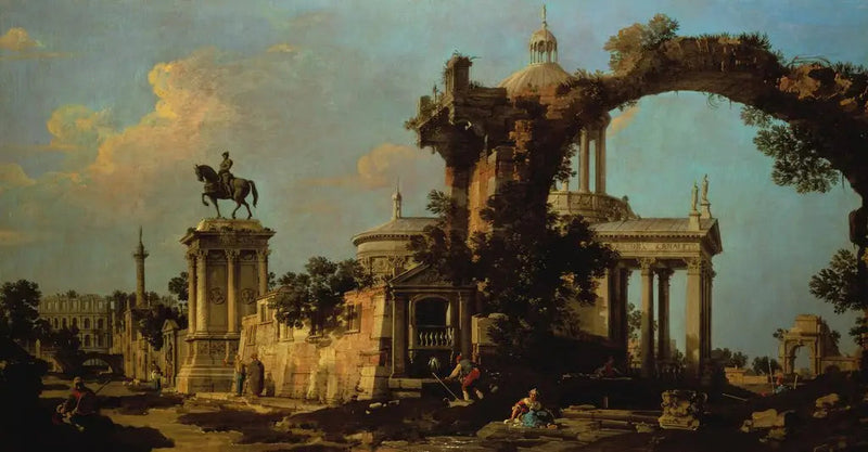 Capricho de ruínas romanas com uma igreja de cúpula e o monumento Colleoni - Canaletto