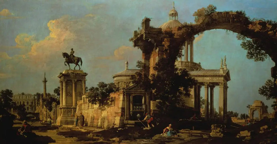 Capricho de ruínas romanas com uma igreja de cúpula e o monumento Colleoni - Canaletto