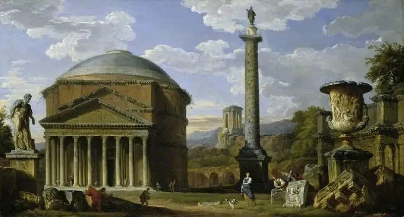 Capricho das ruínas romanas com o Panteão - Giovanni Paolo Panini