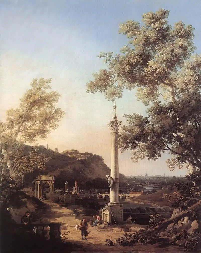 Capriccio: paisagem de rio com uma coluna - Canaletto