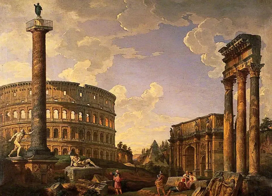 Capriccio romano, ruínas com o Coliseu - Giovanni Paolo Panini