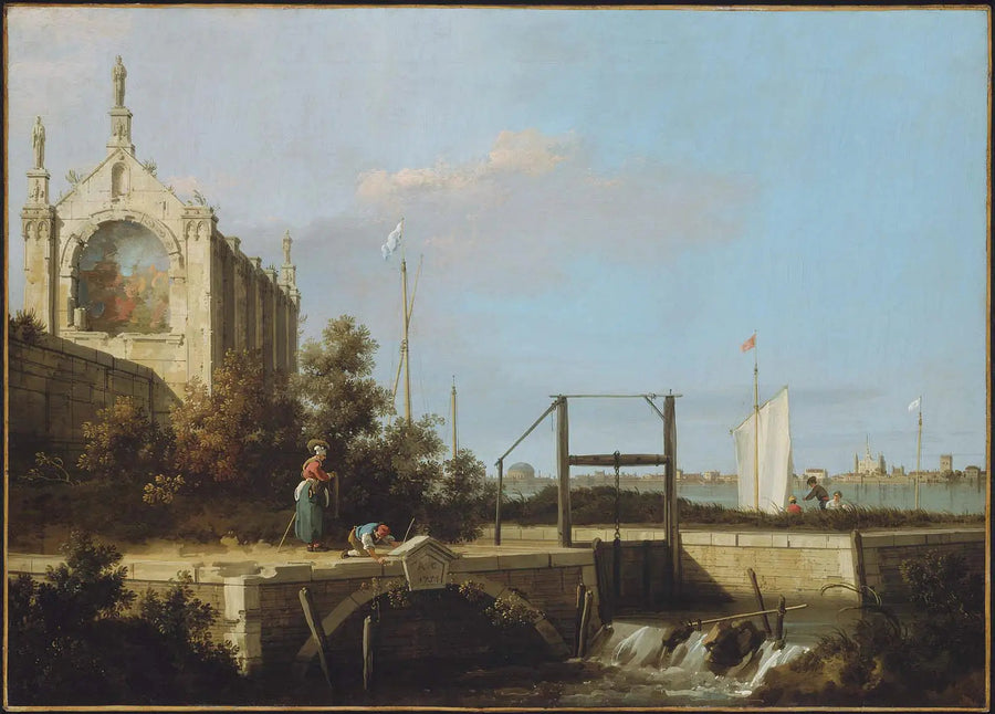 Capriccio: Uma comporta em um rio com uma capela - Canaletto
