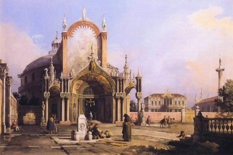 Capriccio: uma igreja redonda com um pórtico gótico elaborado em uma praça, uma praça palladiana e uma igreja gótica ao fundo - Canaletto