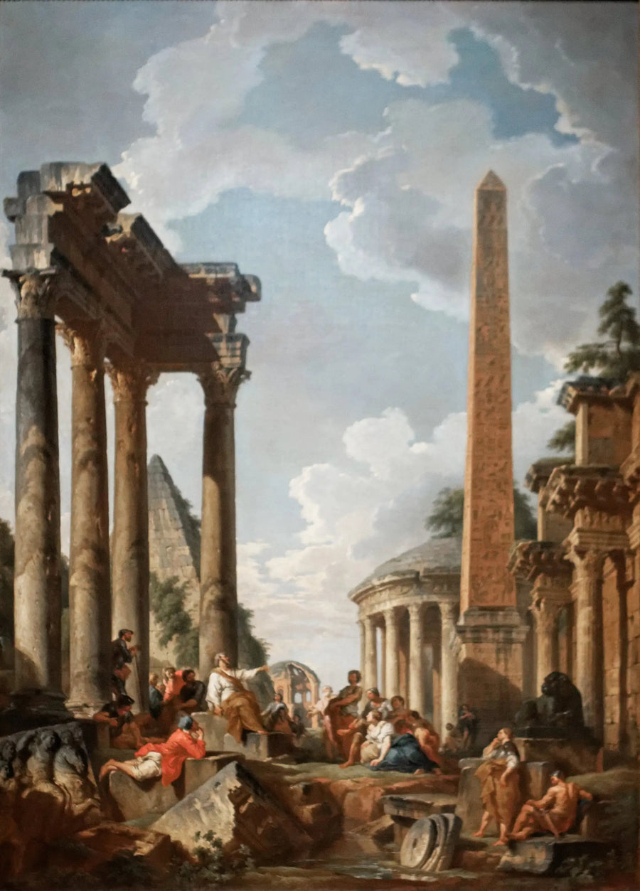 Caprice arquitetônico com pregador em ruínas romanas - Giovanni Paolo Panini