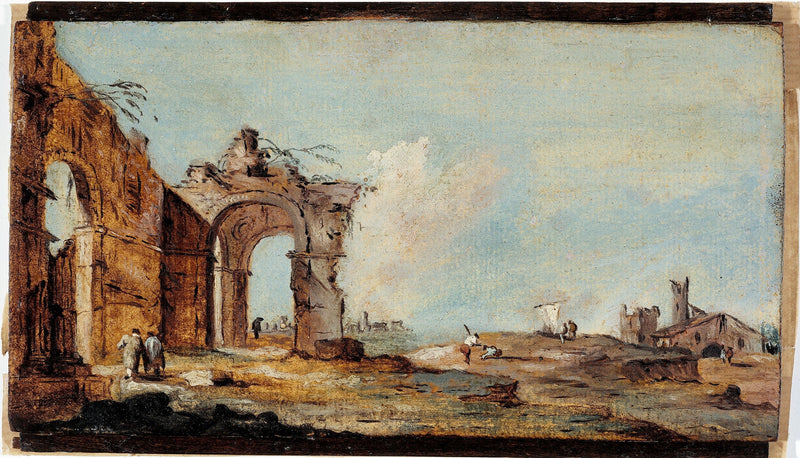 Caprice, com arco em ruína e casas de pescadores - Francesco Guardi