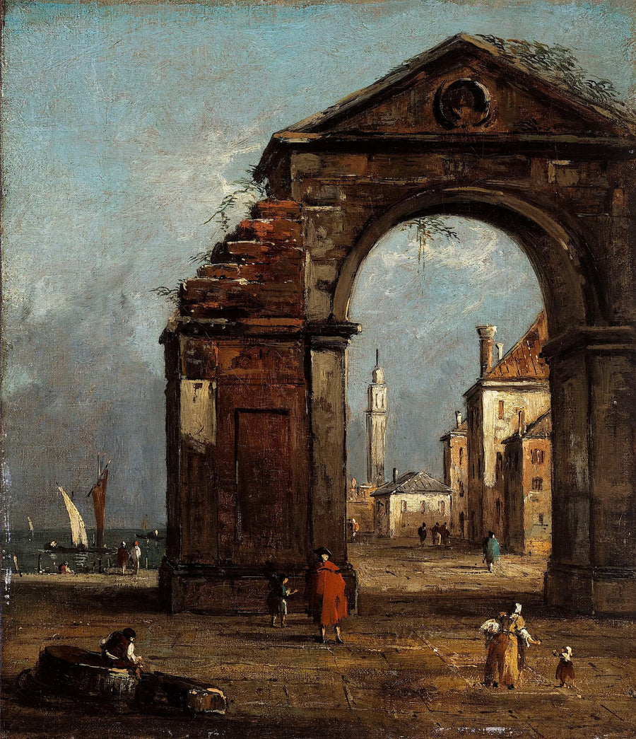Caprice, com arco triunfal em ruínas e paisagem à beira da lagoa - Francesco Guardi