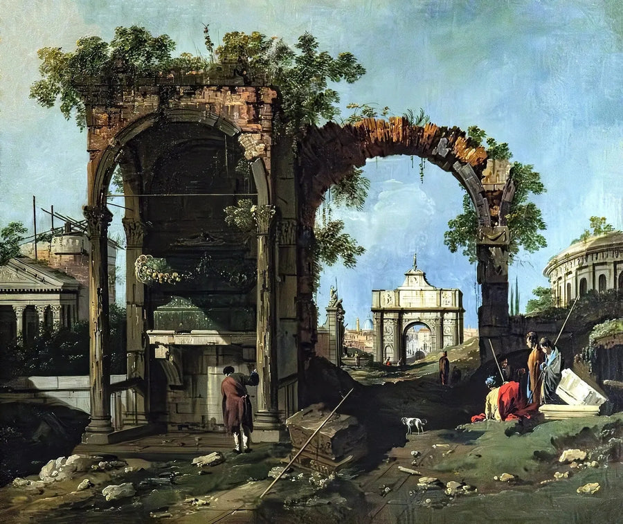 Caprice com ruínas clássicas e edifícios - Canaletto