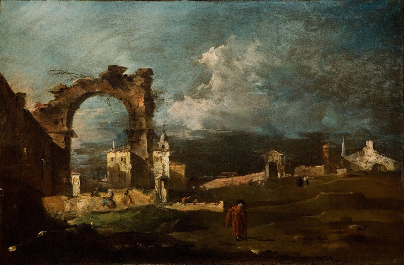 Caprice com ruínas de um arco e uma vila ao fundo - Francesco Guardi