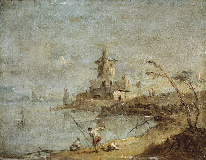 Caprice rústico, com roda à beira do água - Francesco Guardi