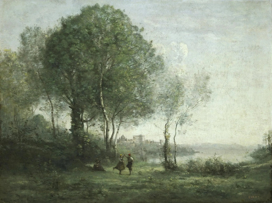Castel Gandolfo, pastores tiroleses dançando às margens do lago Albano - Jean-Baptiste Camille Corot