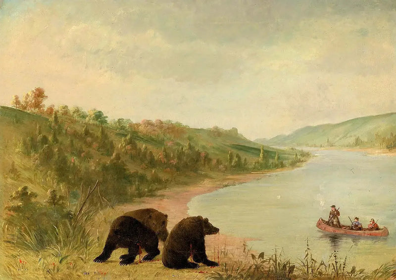 Catlin e seus homens em seu canoa, solicitados de emergência para desembarcar, Alto Missouri - George Catlin