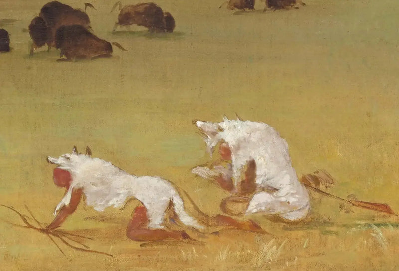 Catlin e seu guia indígena se aproximando do bisão sob peles de lobo branco - George Catlin