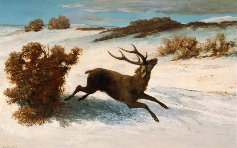 Veado correndo na neve - Gustave Courbet