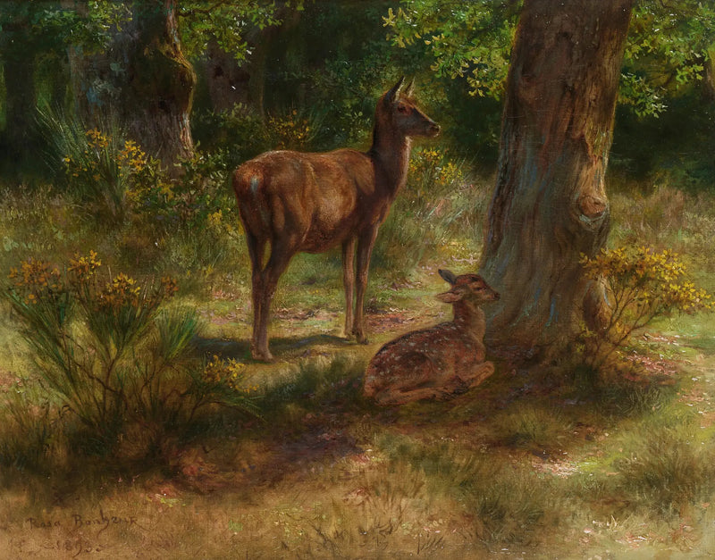 Cervo e filhote em uma floresta - Rosa Bonheur