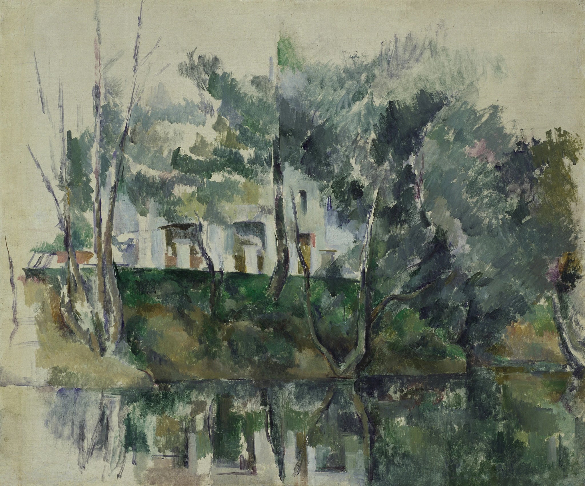 Arbres et maisons au bord de l’eau vers 1894 de Paul Cézanne – reproduction peinture à l’huile sur toile