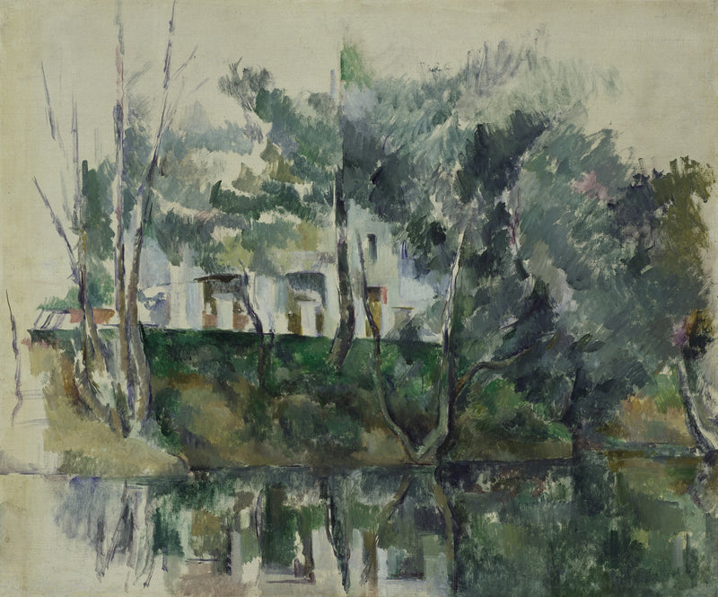 Árvores e casas à beira da água - Paul Cézanne