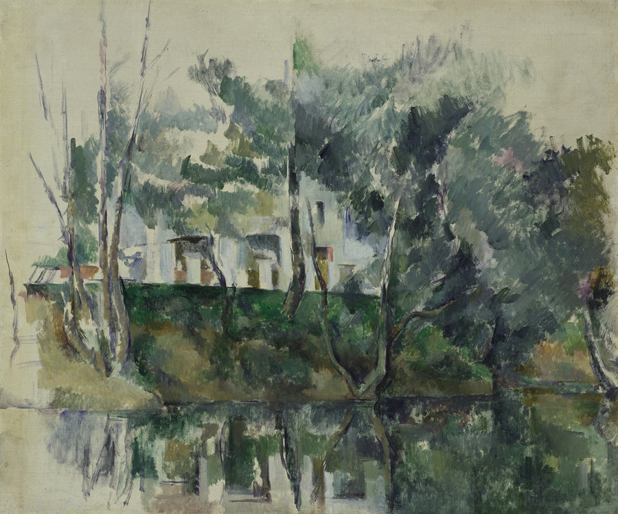 Árvores e casas à beira da água - Paul Cézanne