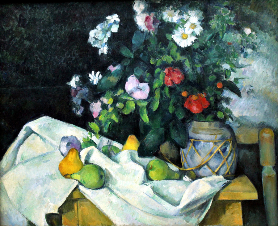 Flores em um vaso de gengibre e frutas - Paul Cézanne
