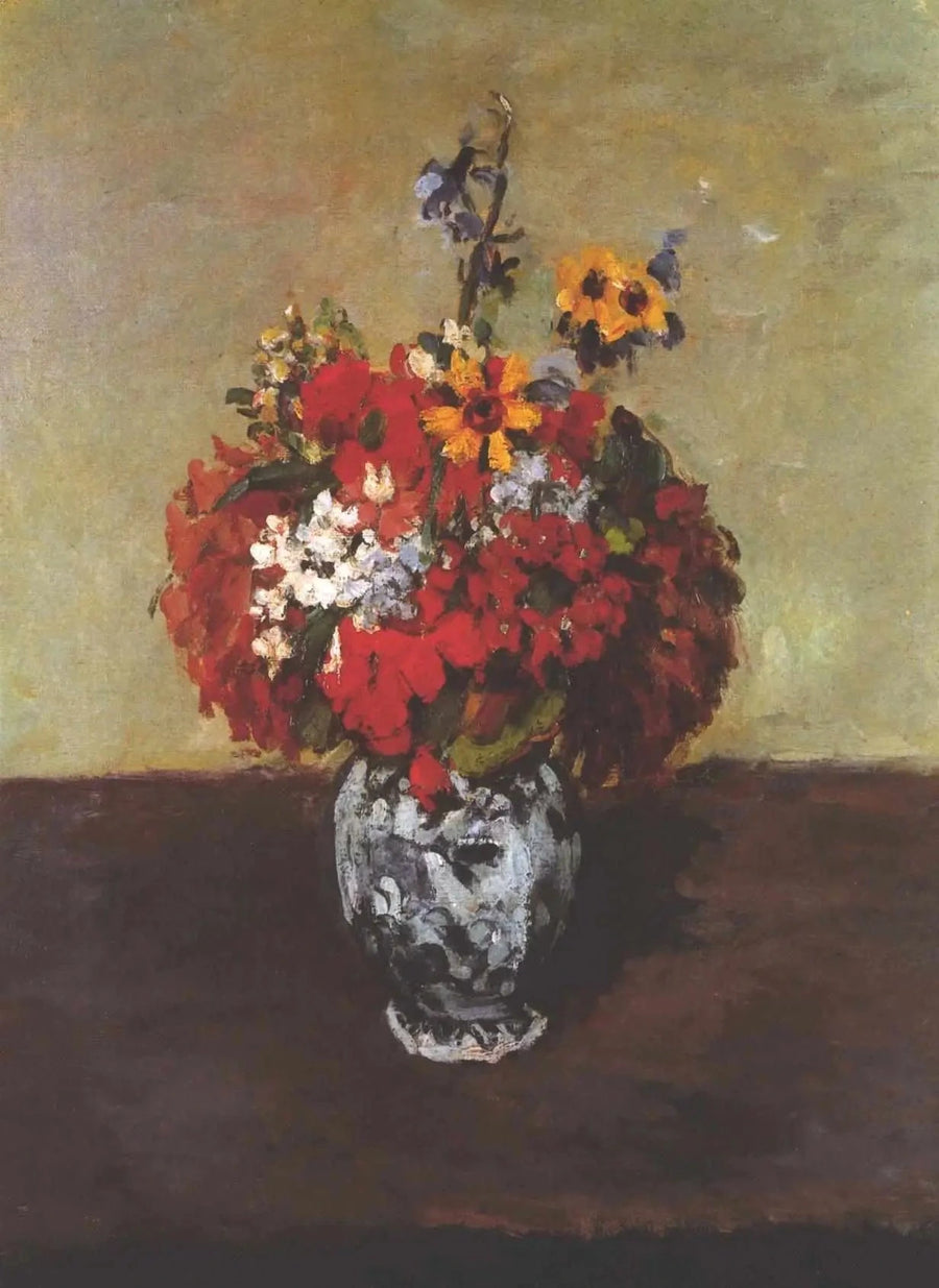 Gerânios e dedaleiras em um pequeno vaso de Delft - Paul Cézanne