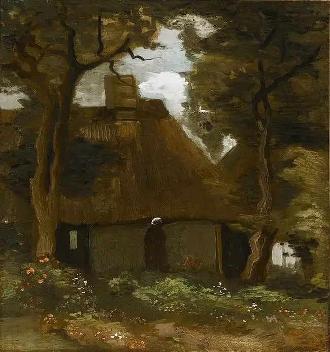 Chalé com árvores e camponesa - Vincent van Gogh