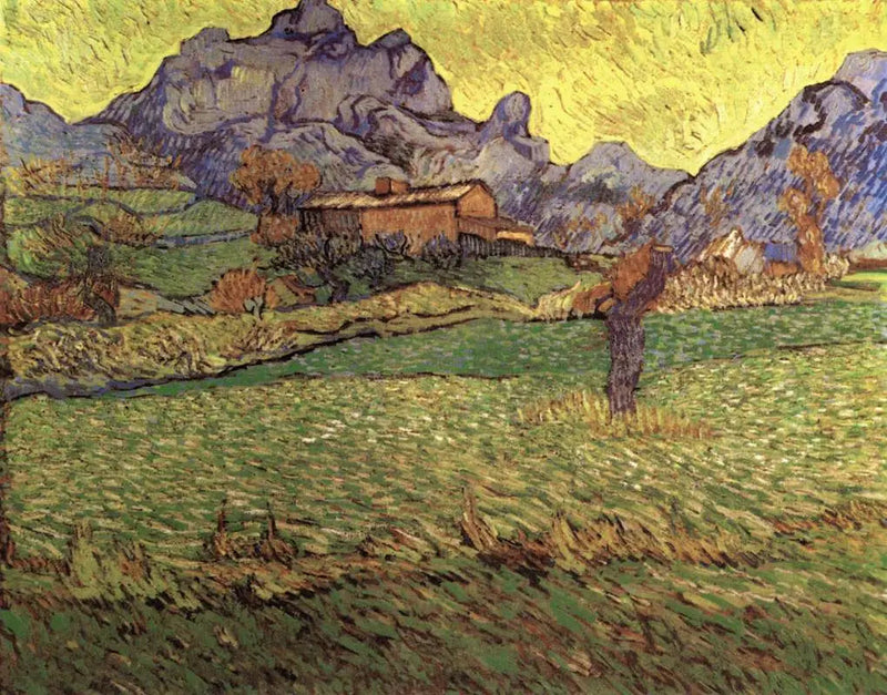 Campos de trigo em uma paisagem montanhosa - Vincent van Gogh