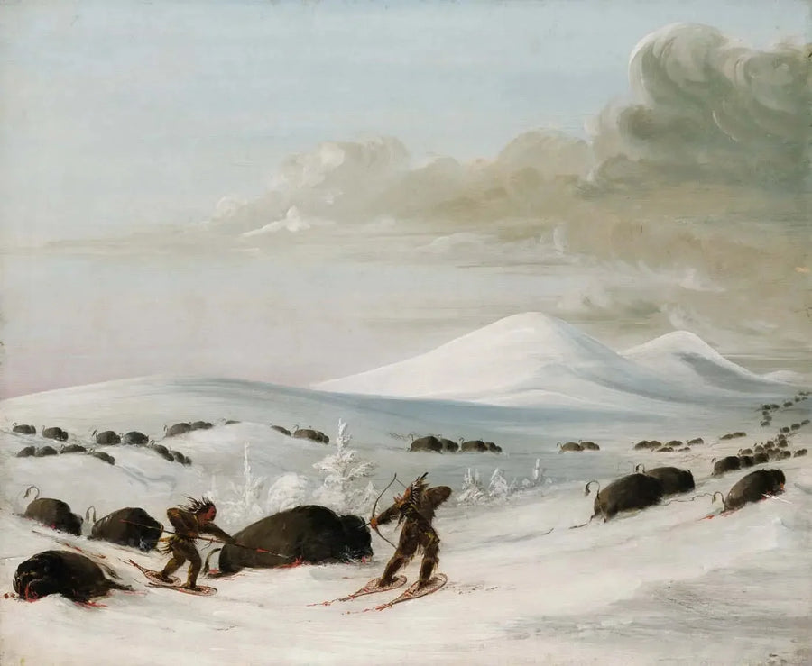 Caçada ao bisão nas geleiras, perseguição por índios com raquetes - George Catlin
