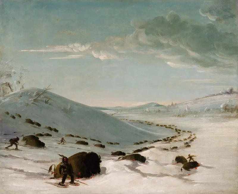 Caça ao bisão no inverno, índios com raquetes - George Catlin