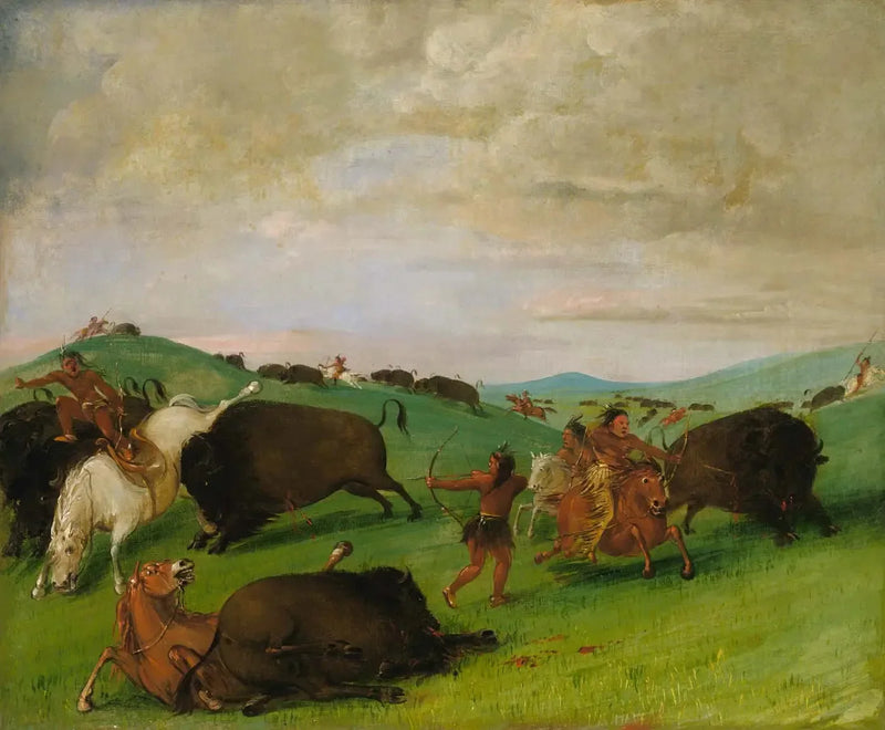 Caçada ao bisão, touros lutando com homens e cavalos - George Catlin