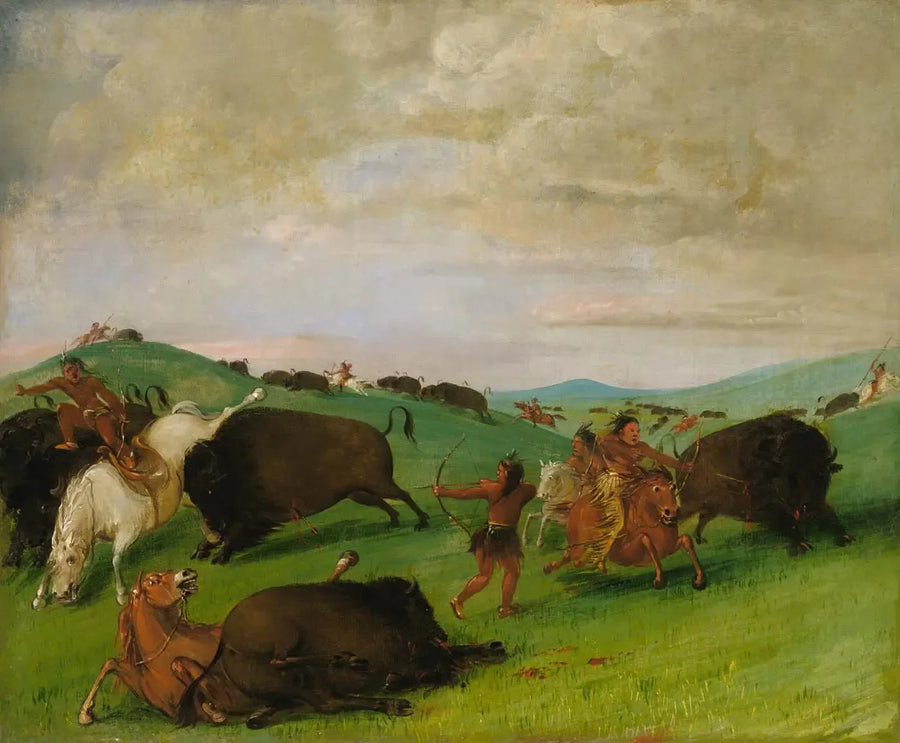 Caçada ao bisão, touros lutando com homens e cavalos - George Catlin