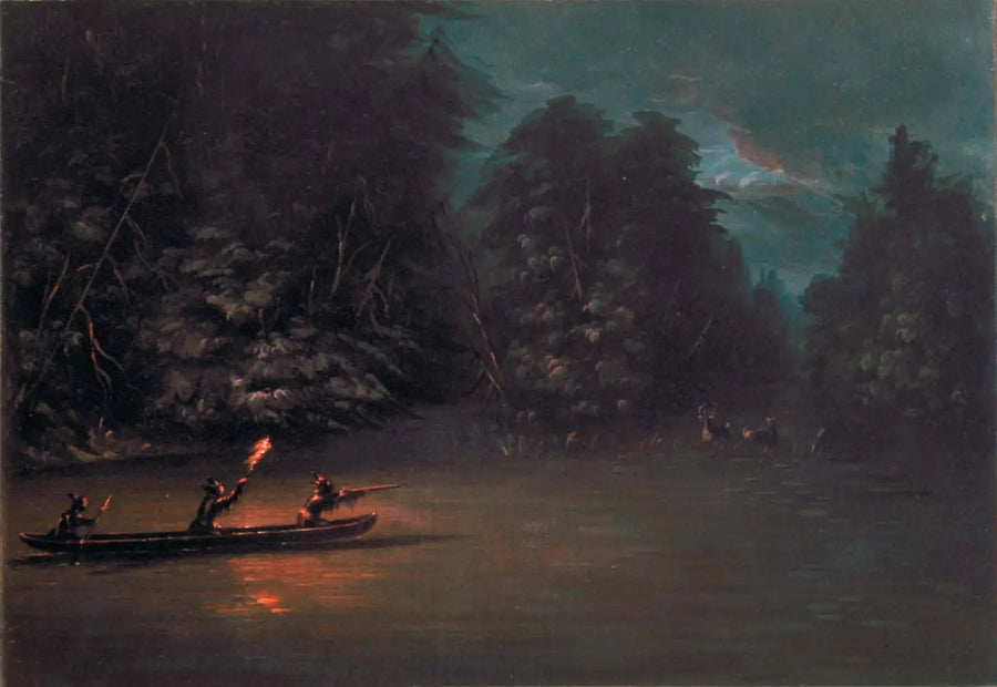 Caça ao cervo com tochas em canoa de casca - George Catlin
